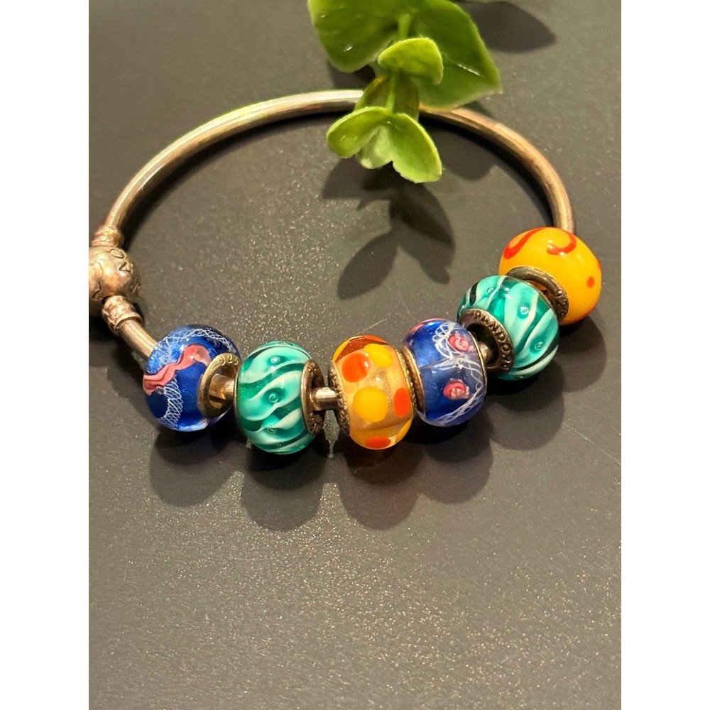 Pandora Sterling Silver Bangle Bracelet with 6 Colorful Glass Charms - Picture 5 of 8